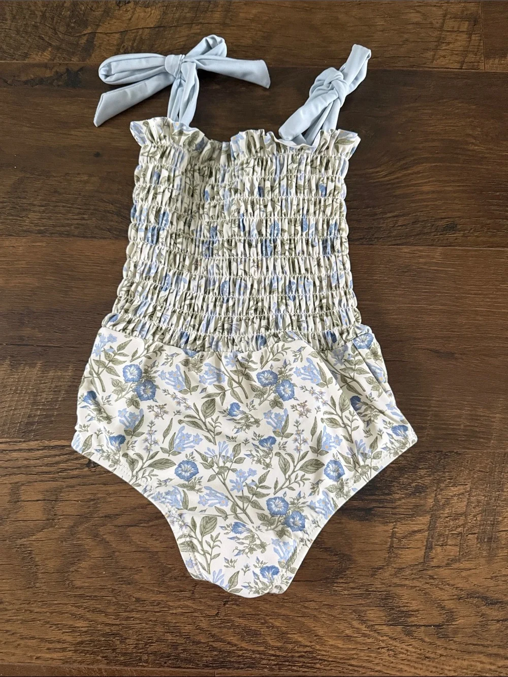Smocked Floral One-Piece Swimsuit - Blue & Cream